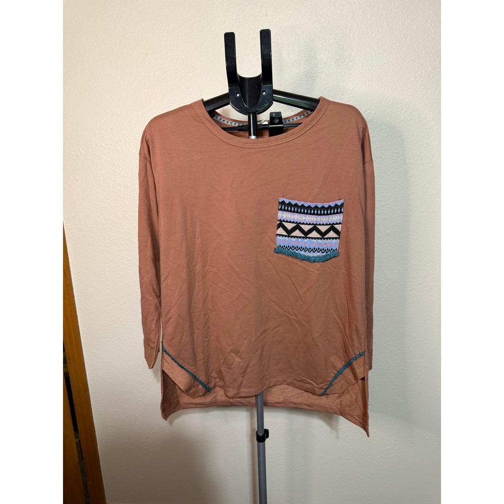 Oddi Womens Small Terracotta Long Sleeve Top‎ Southwestern Pocket Boho Clay S
